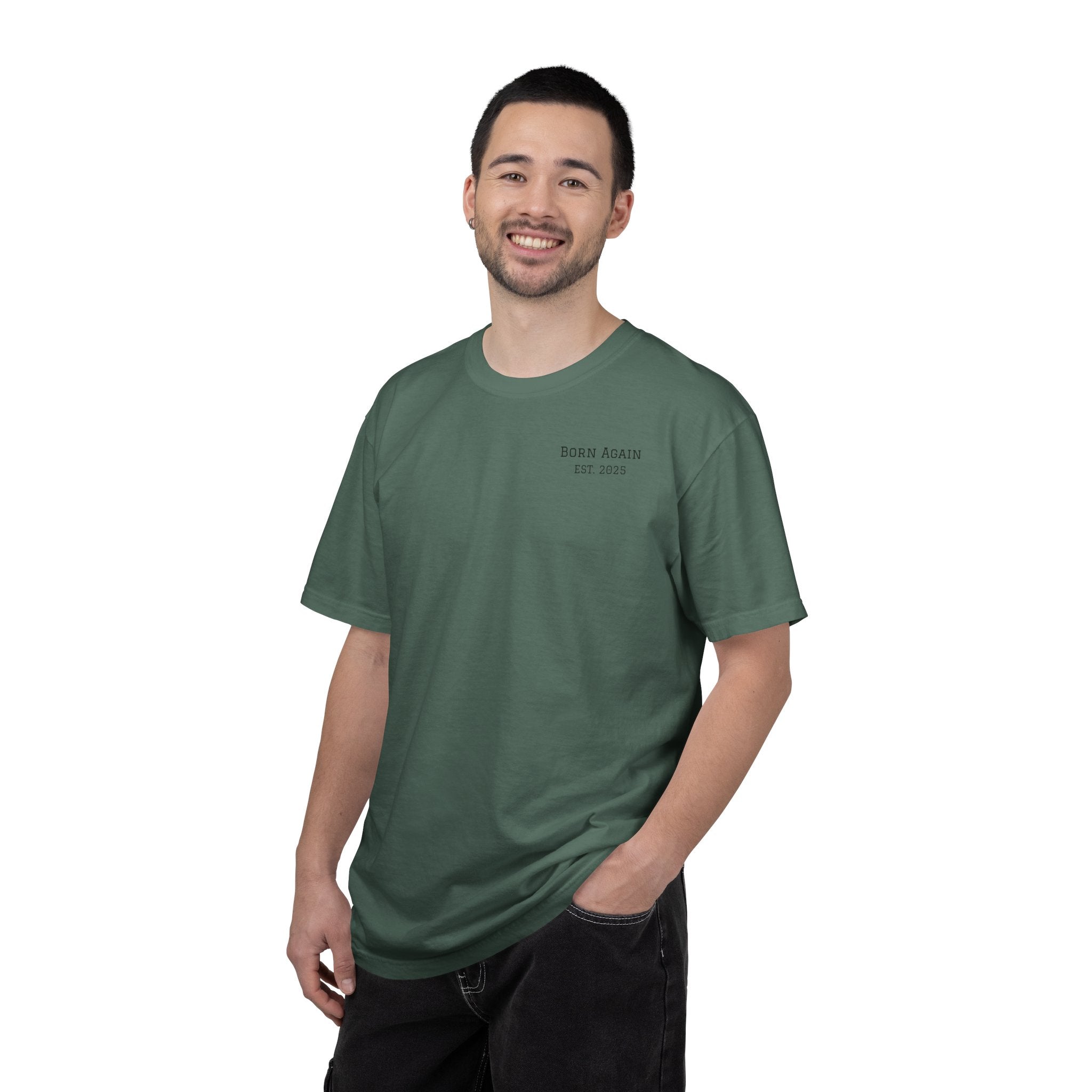 Born Again Christian T-Shirt — "Born Again" Front, Nail Cross Back (We Are Saved)