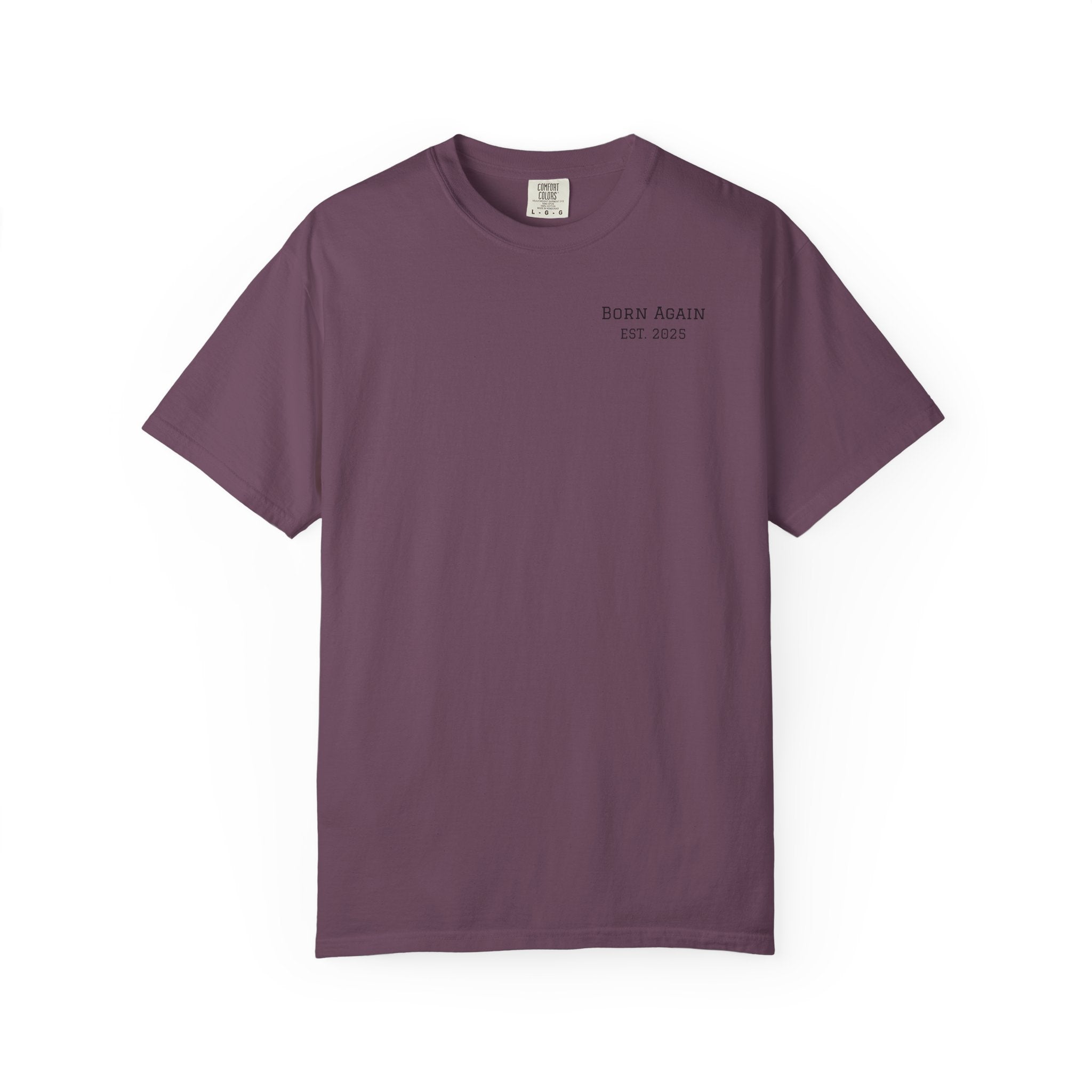 Born Again Christian T-Shirt — "Born Again" Front, Nail Cross Back (We Are Saved)