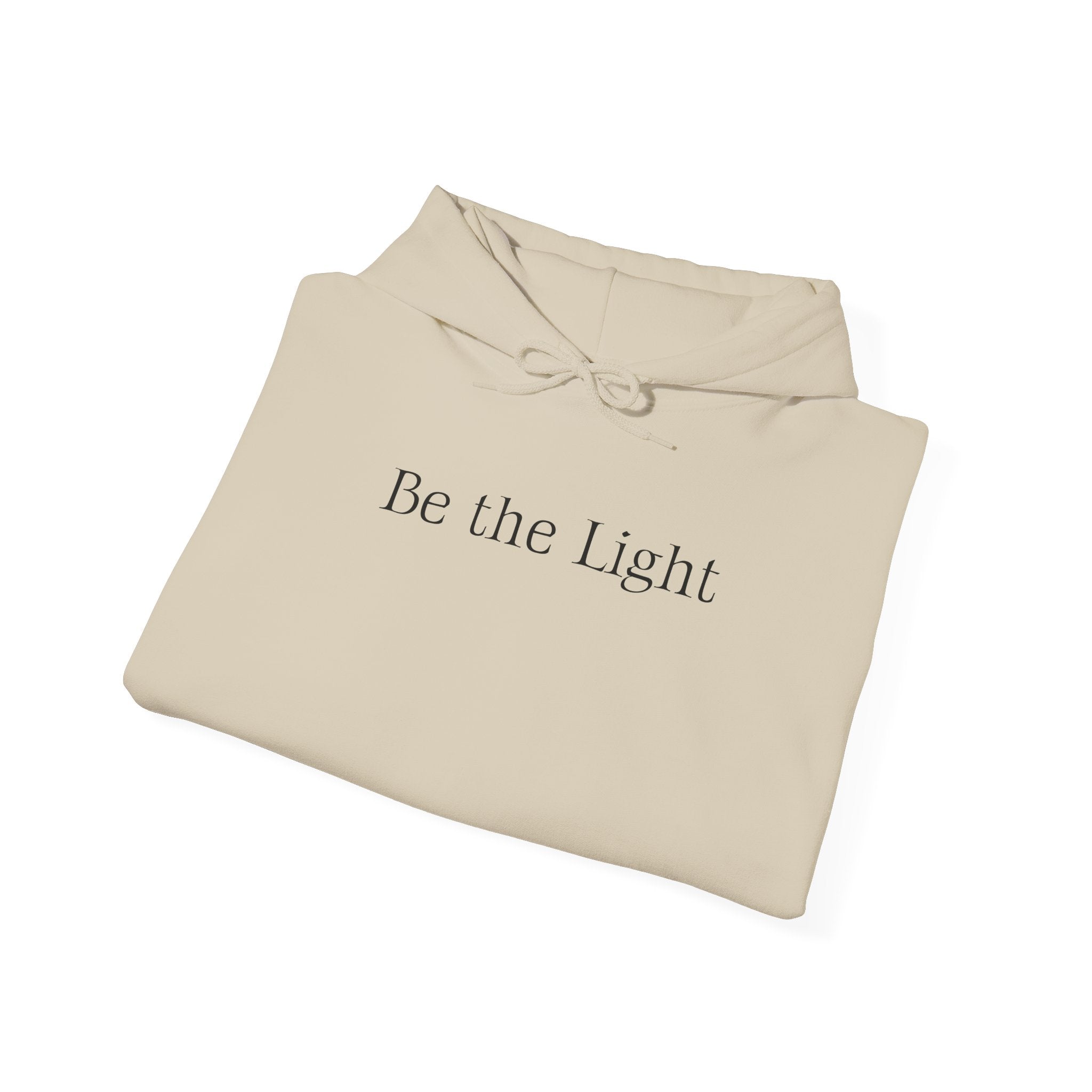 Be the Light Hoodie — Inspirational White Graphic Hoodie with Lighthouse Back Design