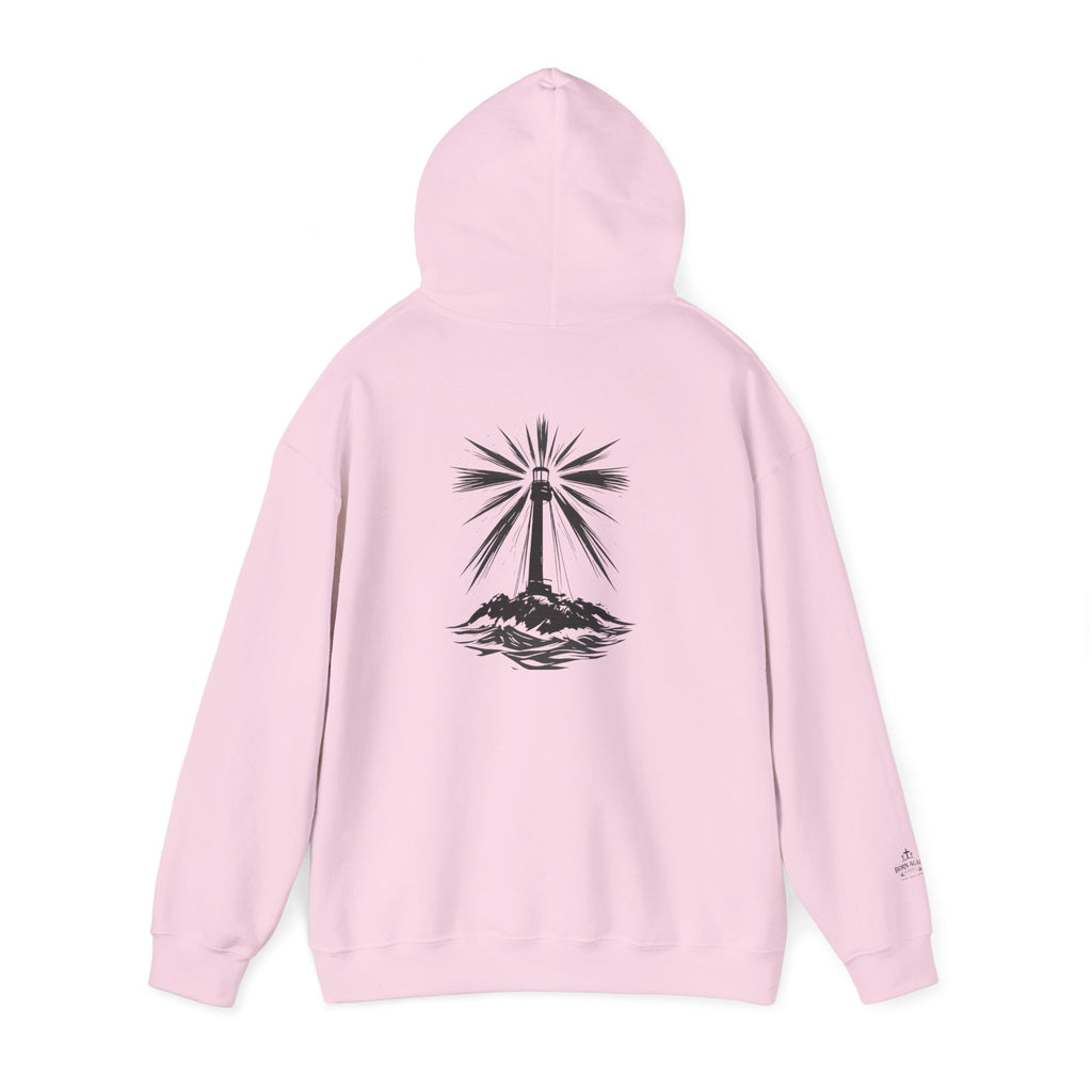 Be the Light Hoodie — Inspirational White Graphic Hoodie with Lighthouse Back Design