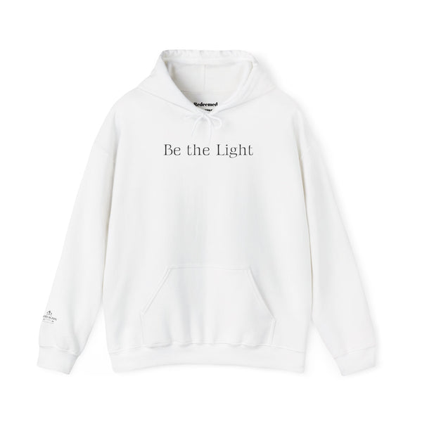 Be the Light Hoodie — Inspirational White Graphic Hoodie with Lighthouse Back Design