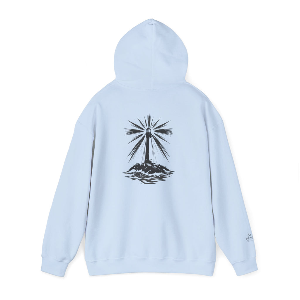 Be the Light Hoodie — Inspirational White Graphic Hoodie with Lighthouse Back Design