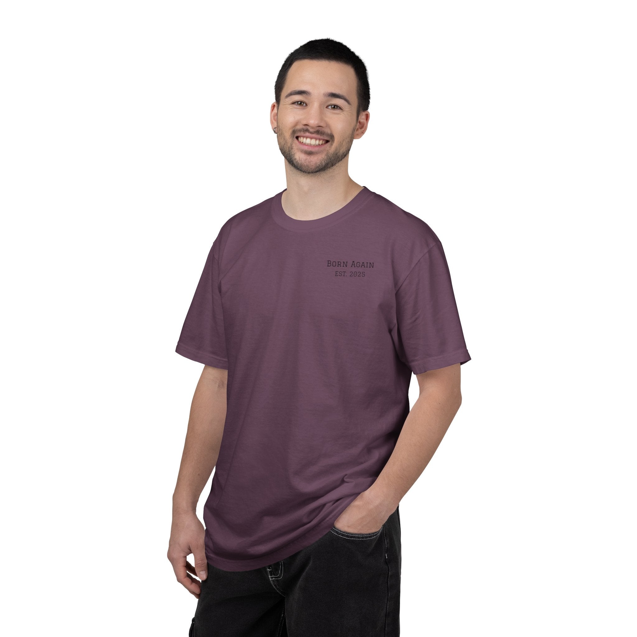 Born Again Christian T-Shirt — "Born Again" Front, Nail Cross Back (We Are Saved)