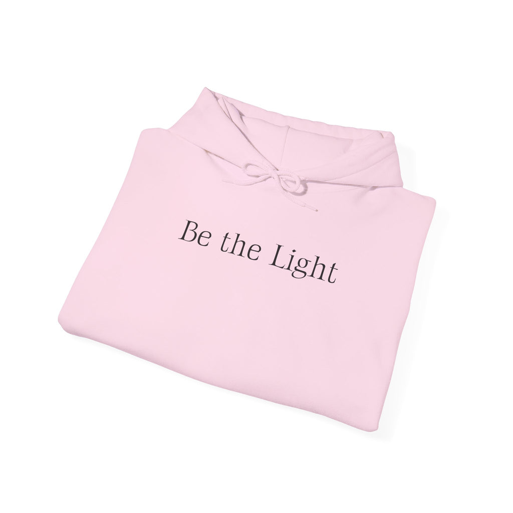 Be the Light Hoodie — Inspirational White Graphic Hoodie with Lighthouse Back Design