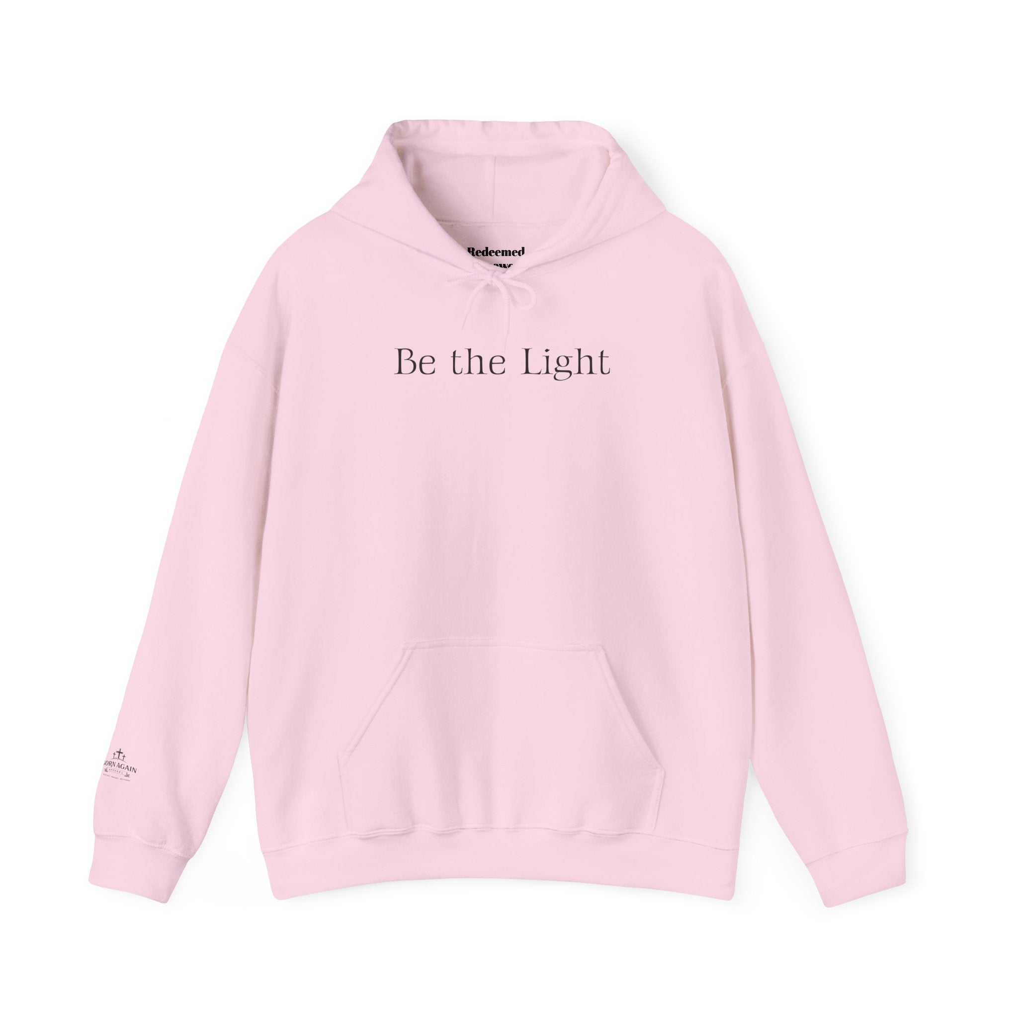 Be the Light Hoodie — Inspirational White Graphic Hoodie with Lighthouse Back Design