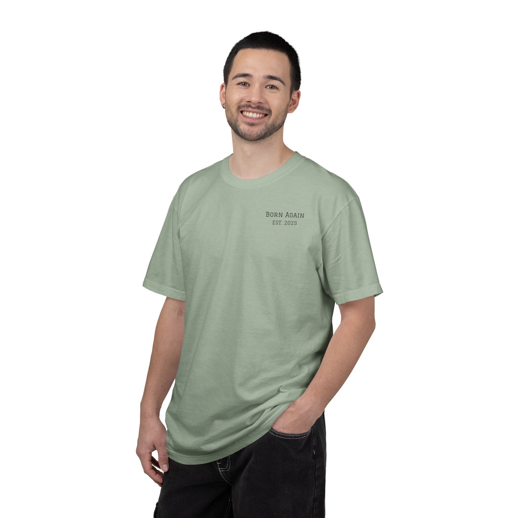 Born Again Christian T-Shirt — "Born Again" Front, Nail Cross Back (We Are Saved)