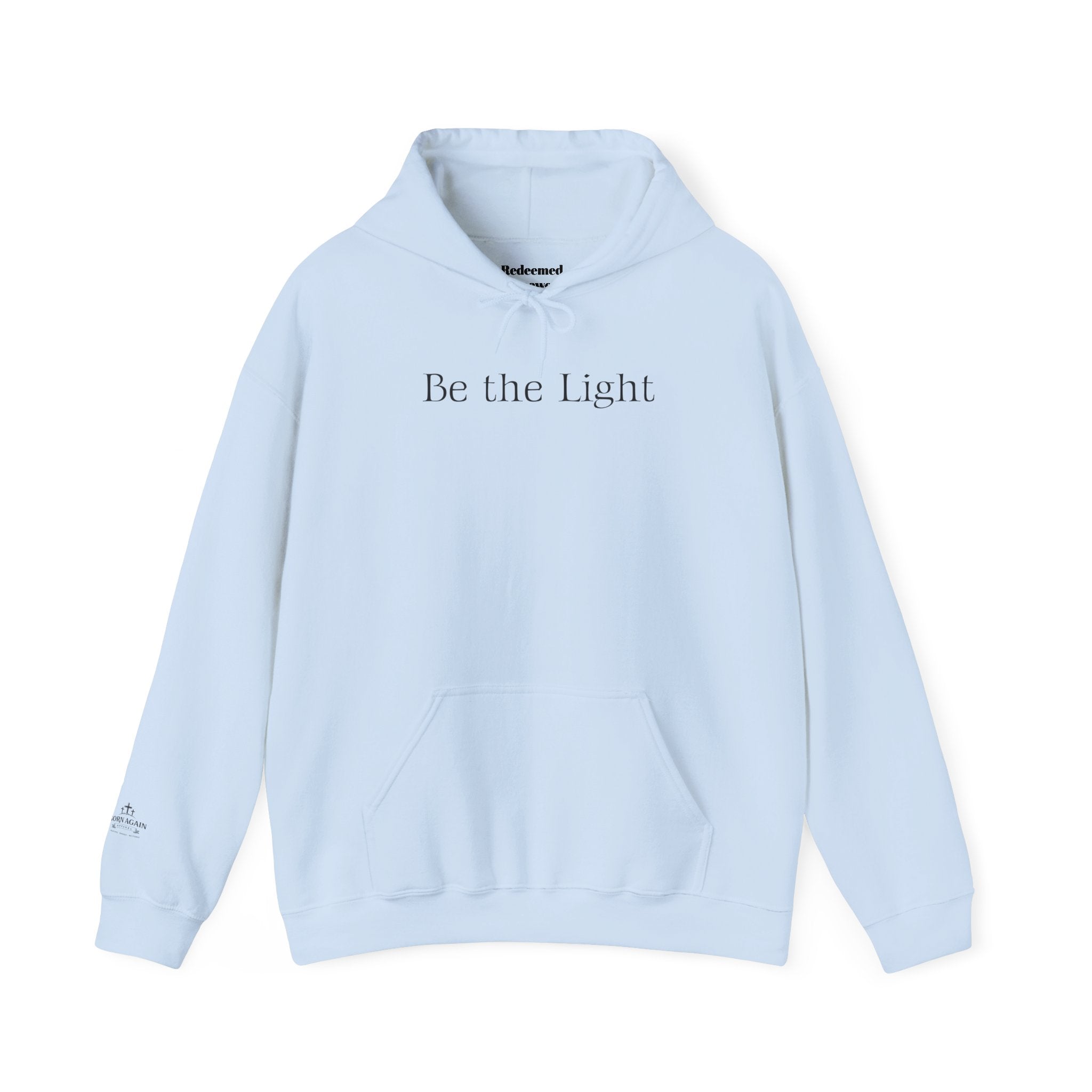 Be the Light Hoodie — Inspirational White Graphic Hoodie with Lighthouse Back Design