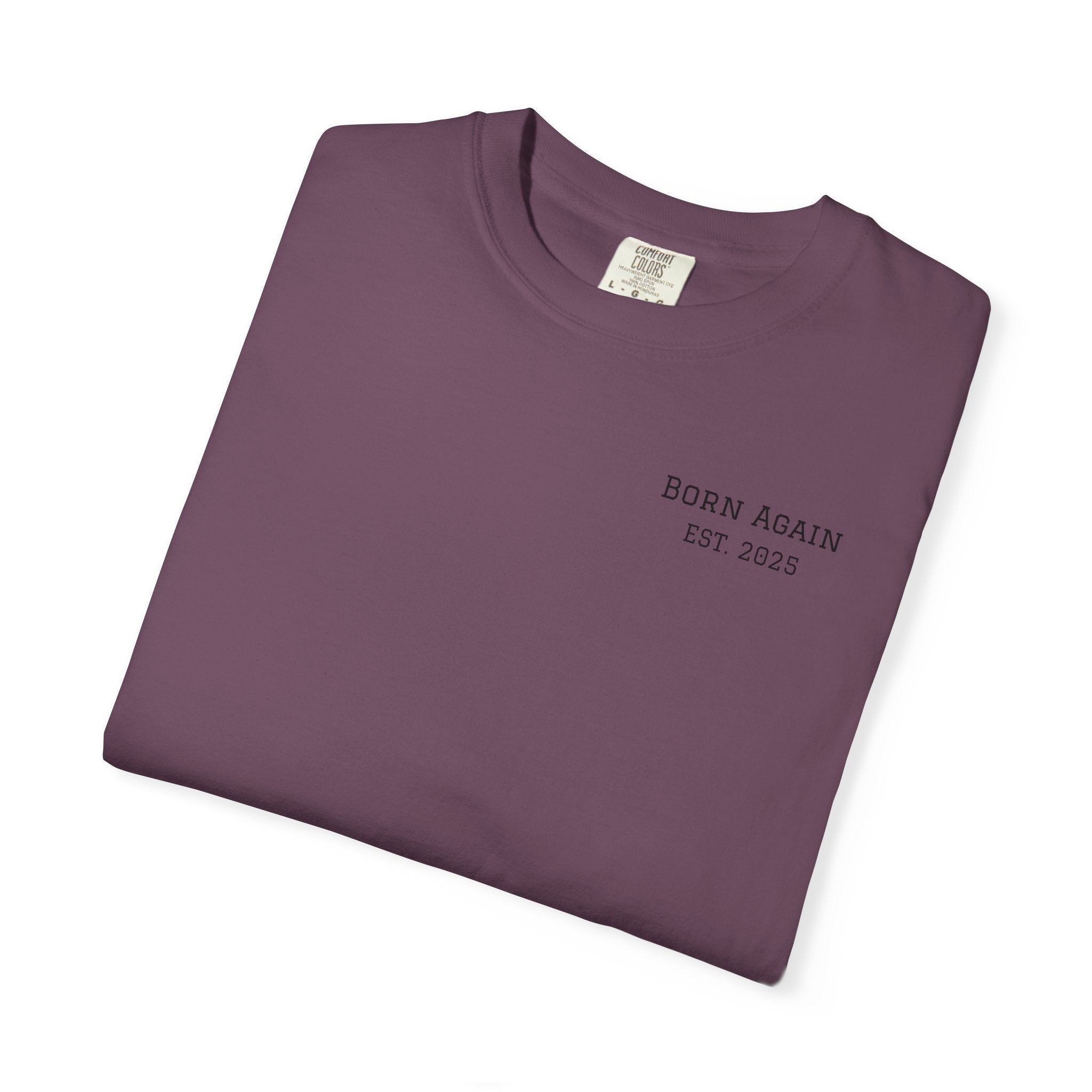 Born Again Christian T-Shirt — "Born Again" Front, Nail Cross Back (We Are Saved)