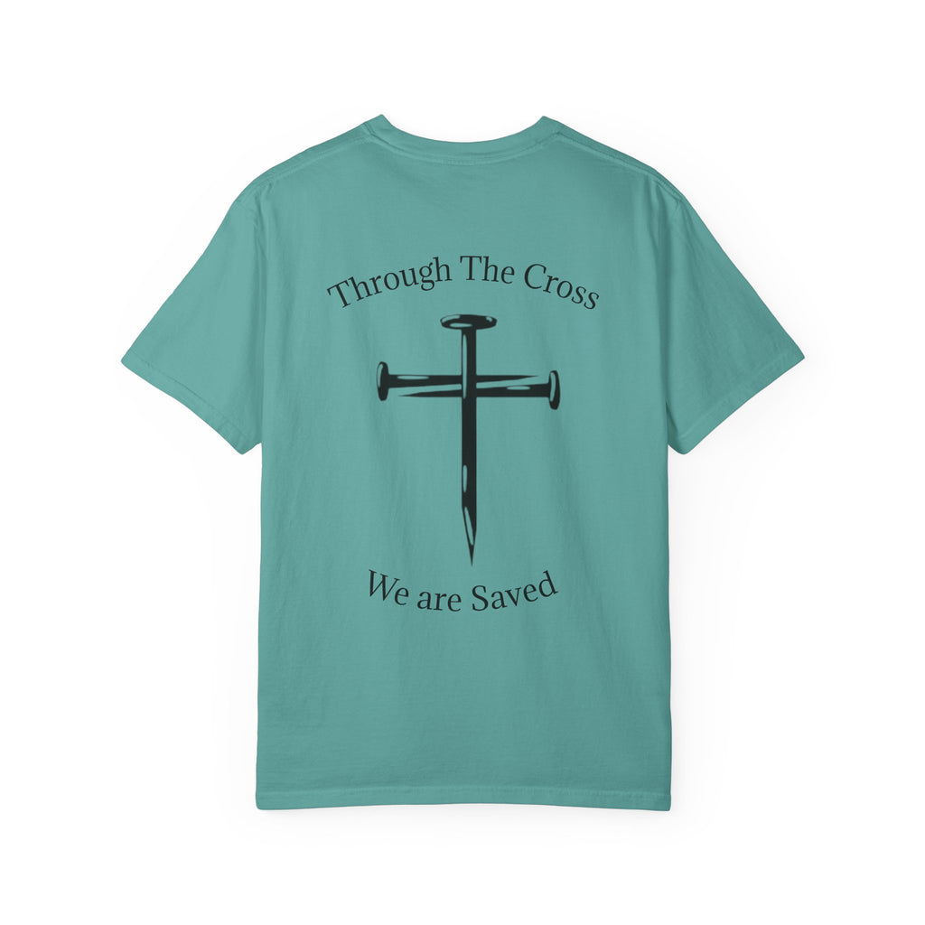 Born Again Christian T-Shirt — "Born Again" Front, Nail Cross Back (We Are Saved)