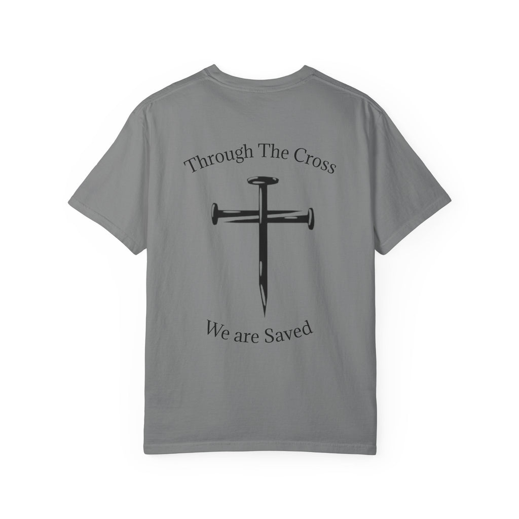 Born Again Christian T-Shirt — "Born Again" Front, Nail Cross Back (We Are Saved)