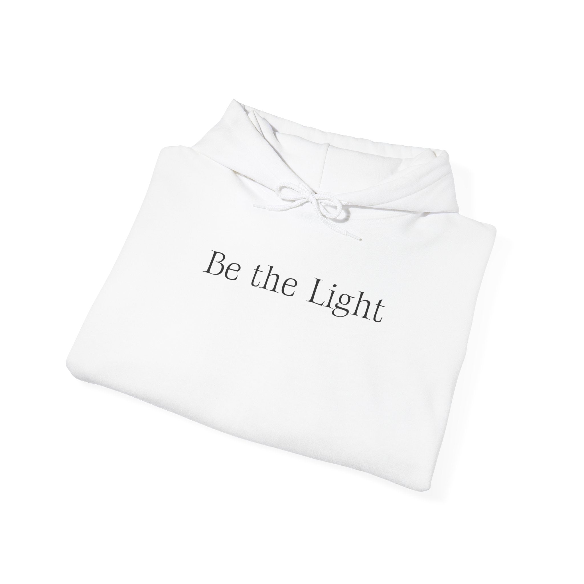 Be the Light Hoodie — Inspirational White Graphic Hoodie with Lighthouse Back Design