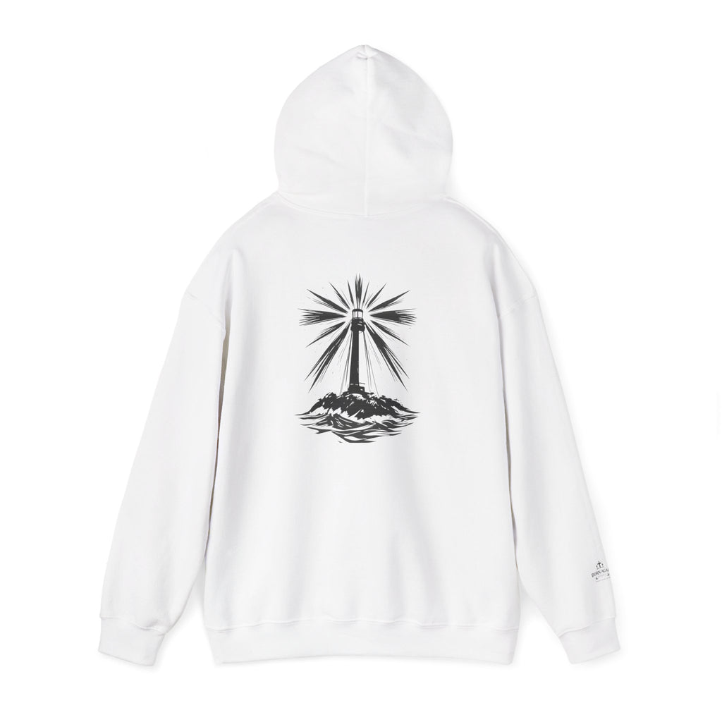 Be the Light Hoodie — Inspirational White Graphic Hoodie with Lighthouse Back Design