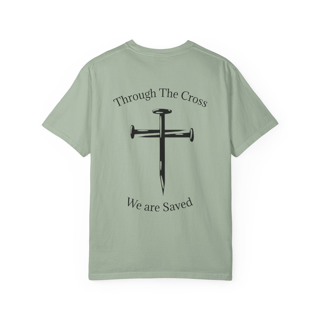 Born Again Christian T-Shirt — "Born Again" Front, Nail Cross Back (We Are Saved)